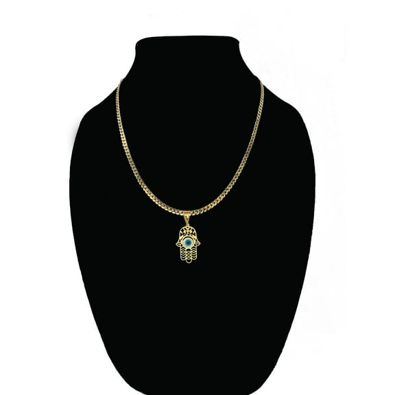 14k Bonded Gold Necklace with Hamsa Pendent, Best Christmas Unisex Gift for Women, Men Mother, Father, Girlfriend, Boyfriend, Her, Him, Cuban Chain with Charm by Artisan Jeweler