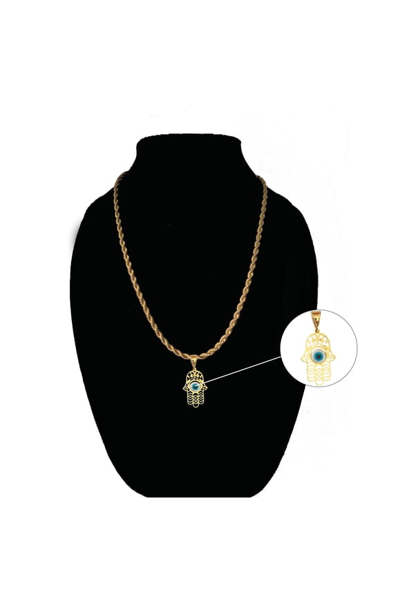 14k Bonded Gold Necklace with Hamsa Pendent, Best Christmas Unisex Gift for Women, Men Mother, Father, Girlfriend, Boyfriend, Her, Him, Rope Chain with Charm by Artisan Jeweler