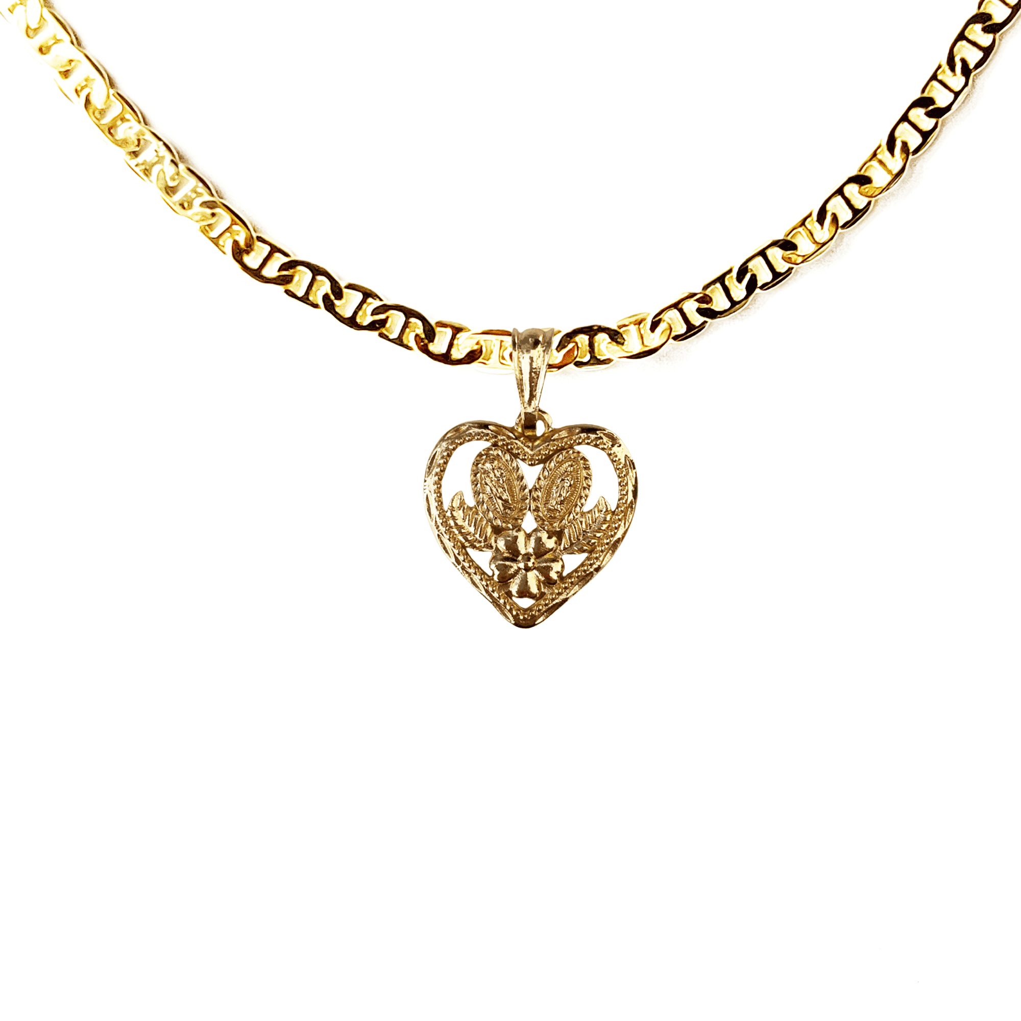 14k Bonded Gold Necklace with Heart Saint Mary Pendent, Best Christmas Unisex Gift for Women, Men Mother, Father, Girlfriend, Boyfriend, Her, Him, Mariner Chain with Charm by Artisan Jeweler