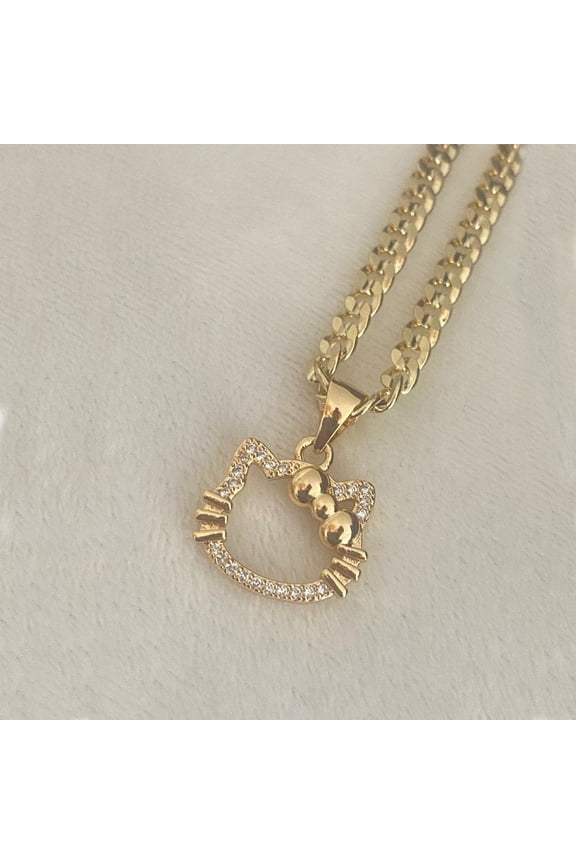 14k Bonded Gold Necklace with Hello Kitty Pendent, Best Christmas Unisex Gift for Women, Men Mother, Father, Girlfriend, Boyfriend, Her, Him, Cuban Chain with Charm by Artisan Jeweler