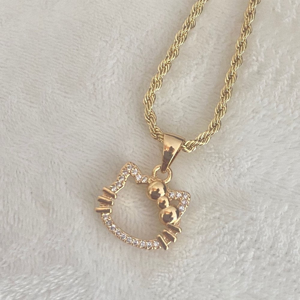 14k Bonded Gold Necklace with Hello Kitty Pendent, Best Christmas Unisex Gift for Women, Men Mother, Father, Girlfriend, Boyfriend, Her, Him, Rope Chain with Charm by Artisan Jeweler
