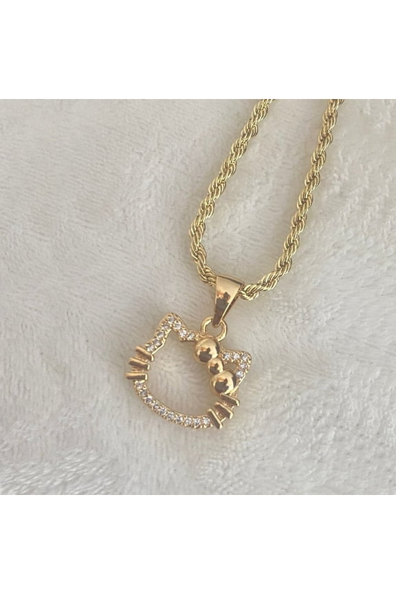 14k Bonded Gold Necklace with Hello Kitty Pendent, Best Christmas Unisex Gift for Women, Men Mother, Father, Girlfriend, Boyfriend, Her, Him, Rope Chain with Charm by Artisan Jeweler