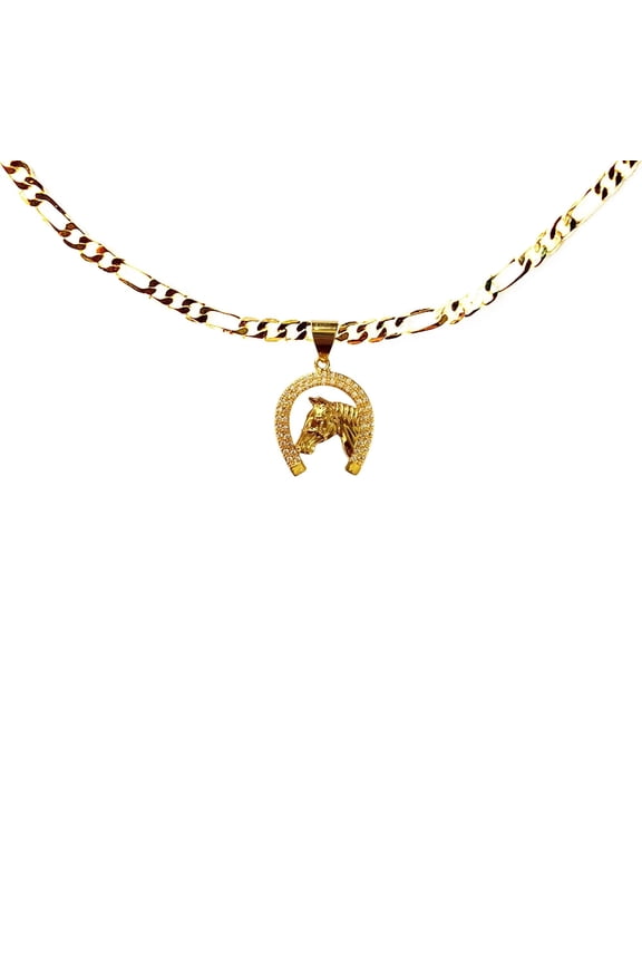 14k Bonded Gold Necklace with Horse Shoe Pendent, Best Christmas Unisex Gift for Women, Men Mother, Father, Girlfriend, Boyfriend, Her, Him, Figaro Chain with Charm by Artisan Jeweler