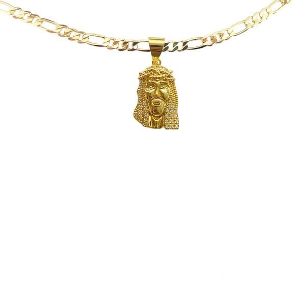 14k Bonded Gold Necklace with Jesus Head Pendent, Best Christmas Unisex Gift for Women, Men Mother, Father, Girlfriend, Boyfriend, Her, Him, Figaro Chain with Charm by Artisan Jeweler