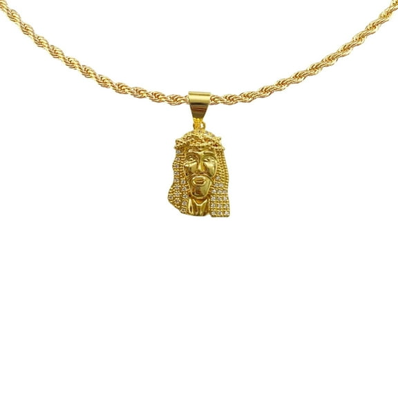 14k Bonded Gold Necklace with Jesus Head Pendent, Best Christmas Unisex Gift for Women, Men Mother, Father, Girlfriend, Boyfriend, Her, Him, Rope Chain with Charm by Artisan Jeweler