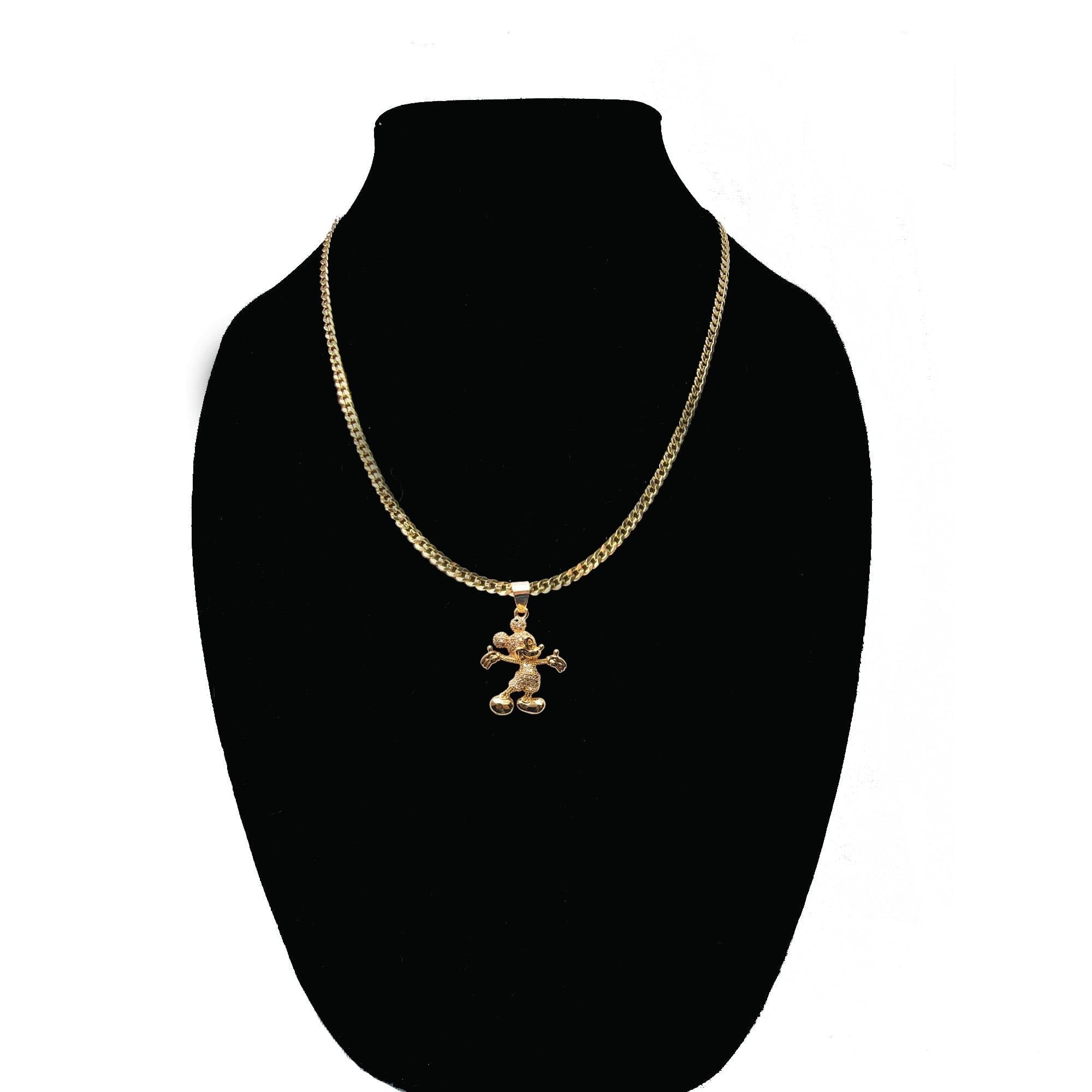 14k Bonded Gold Necklace with Mickey Mouse Pendent, Best Christmas Unisex Gift for Women, Men Mother, Father, Girlfriend, Boyfriend, Her, Him, Cuban Chain with Charm by Artisan Jeweler
