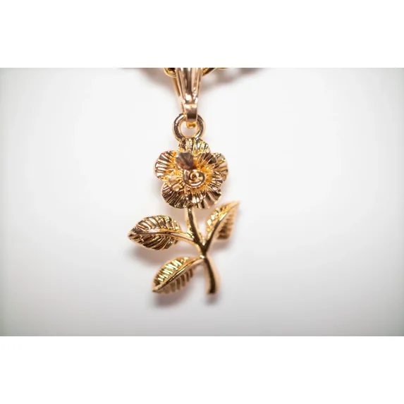 14k Bonded Gold Necklace with Pink Rose Pendent, Best Christmas Unisex Gift for Women, Men Mother, Father, Girlfriend, Boyfriend, Her, Him, Cuban Chain with Charm by Artisan Jeweler