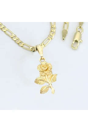 14k Bonded Gold Necklace with Pink Rose Pendent, Best Christmas Unisex Gift for Women, Men Mother, Father, Girlfriend, Boyfriend, Her, Him, Figaro Chain with Charm by Artisan Jeweler