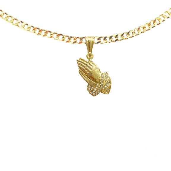 14k Bonded Gold Necklace with Prayer Hand Pendent, Best Christmas Unisex Gift for Women, Men Mother, Father, Girlfriend, Boyfriend, Her, Him, Cuban Chain with Charm by Artisan Jeweler