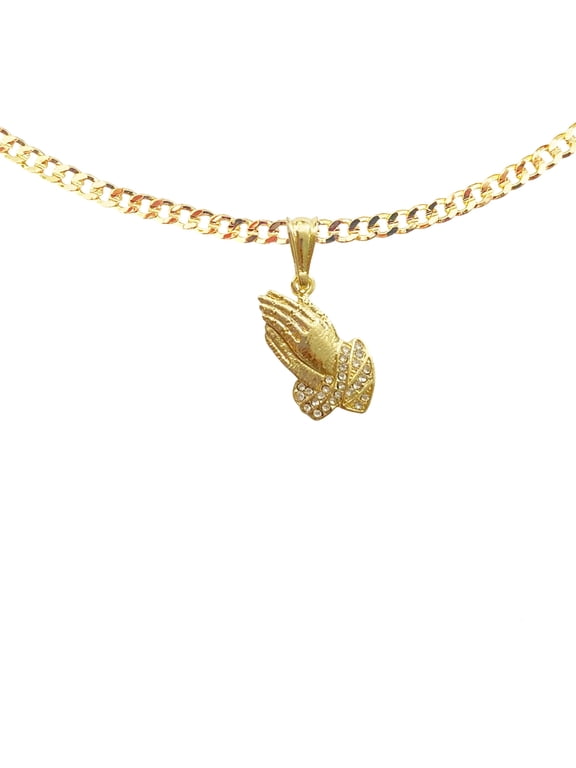 14k Bonded Gold Necklace with Prayer Hand Pendent, Best Christmas Unisex Gift for Women, Men Mother, Father, Girlfriend, Boyfriend, Her, Him, Cuban Chain with Charm by Artisan Jeweler