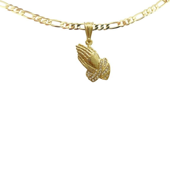 14k Bonded Gold Necklace with Prayer Hand Pendent, Best Christmas Unisex Gift for Women, Men Mother, Father, Girlfriend, Boyfriend, Her, Him, Figaro Chain with Charm by Artisan Jeweler
