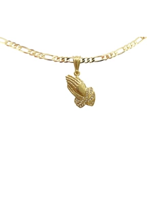 14k Bonded Gold Necklace with Prayer Hand Pendent, Best Christmas Unisex Gift for Women, Men Mother, Father, Girlfriend, Boyfriend, Her, Him, Figaro Chain with Charm by Artisan Jeweler