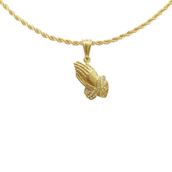 14k Bonded Gold Necklace with Prayer Hand Pendent, Best Christmas Unisex Gift for Women, Men Mother, Father, Girlfriend, Boyfriend, Her, Him, Rope Chain with Charm by Artisan Jeweler