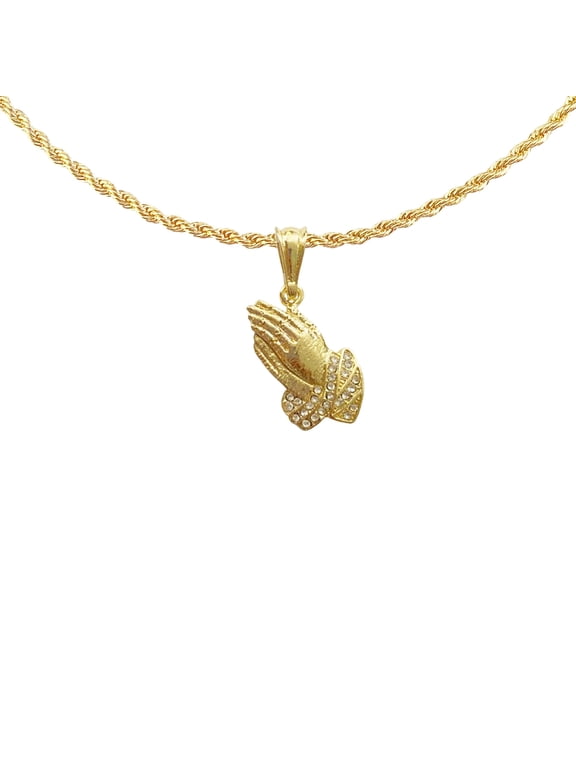 14k Bonded Gold Necklace with Prayer Hand Pendent, Best Christmas Unisex Gift for Women, Men Mother, Father, Girlfriend, Boyfriend, Her, Him, Rope Chain with Charm by Artisan Jeweler