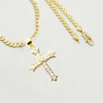 14k Bonded Gold Necklace with Roman Cross Pendent, Best Christmas Unisex Gift for Women, Men Mother, Father, Girlfriend, Boyfriend, Her, Him, Cuban Chain with Charm by Artisan Jeweler