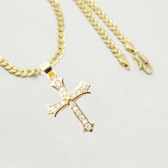 14k Bonded Gold Necklace with Roman Cross Pendent, Best Christmas Unisex Gift for Women, Men Mother, Father, Girlfriend, Boyfriend, Her, Him, Cuban Chain with Charm by Artisan Jeweler
