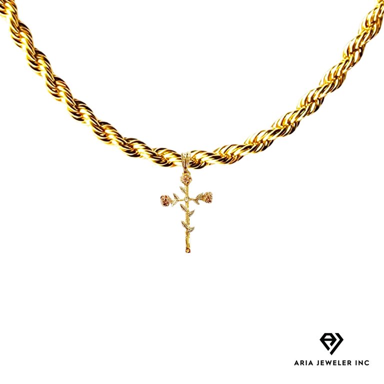 14k Bonded Gold Necklace with Rose Cross Pendant, Best Unisex Gift 