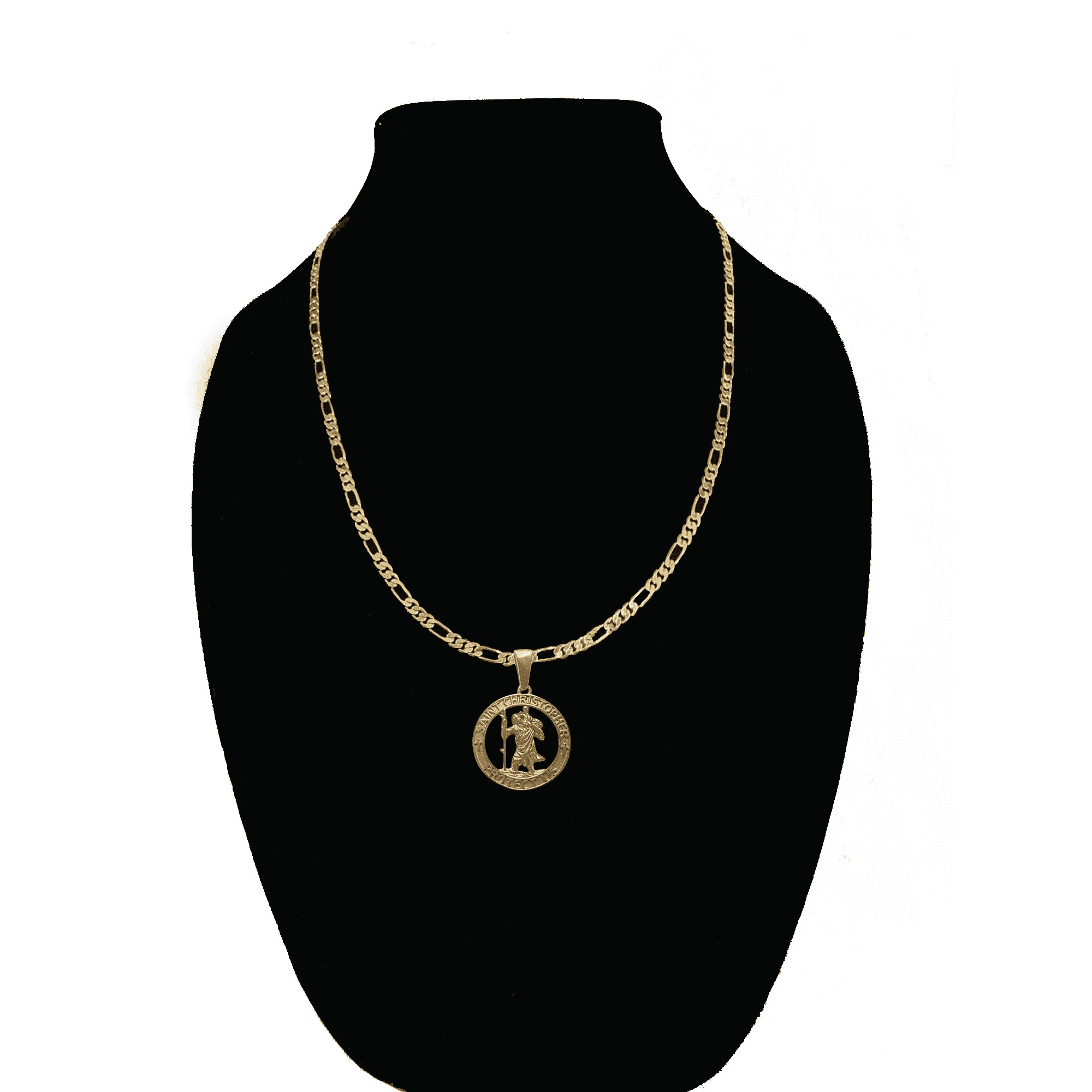 14k Bonded Gold Necklace with Saint Christopher Pendent, Best Christmas Unisex Gift for Women, Men Mother, Father, Girlfriend, Boyfriend, Her, Him, Figaro Chain with Charm by Artisan Jeweler