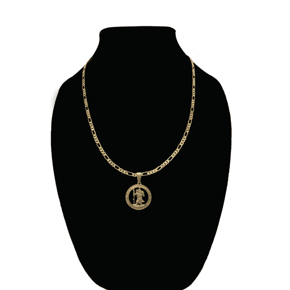 14k Bonded Gold Necklace with Saint Christopher Pendent, Best Christmas Unisex Gift for Women, Men Mother, Father, Girlfriend, Boyfriend, Her, Him, Figaro Chain with Charm by Artisan Jeweler