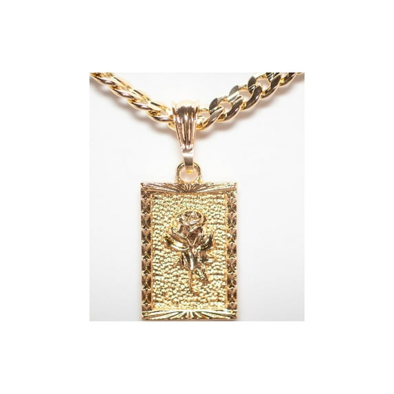 14k Bonded Gold Necklace with Square Rose Pendent, Best Christmas Unisex Gift for Women, Men Mother, Father, Girlfriend, Boyfriend, Her, Him, Cuban Chain with Charm by Artisan Jeweler