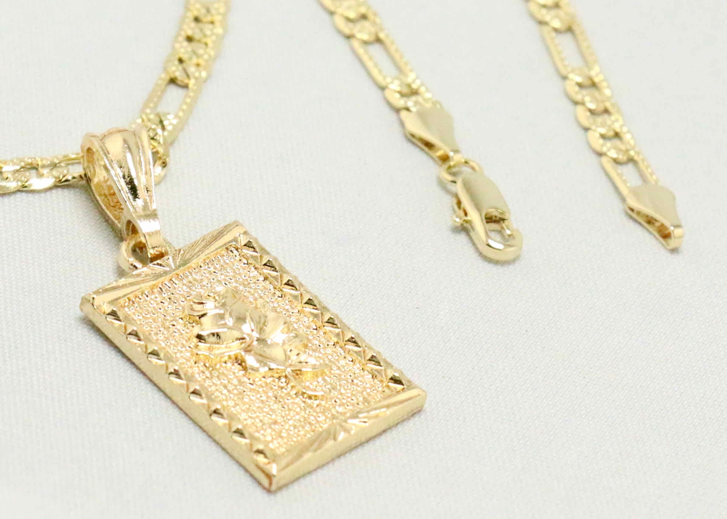 14k Bonded Gold Necklace with Square Rose Pendent, Best Christmas Unisex Gift for Women, Men Mother, Father, Girlfriend, Boyfriend, Her, Him, Figaro Chain with Charm by Artisan Jeweler