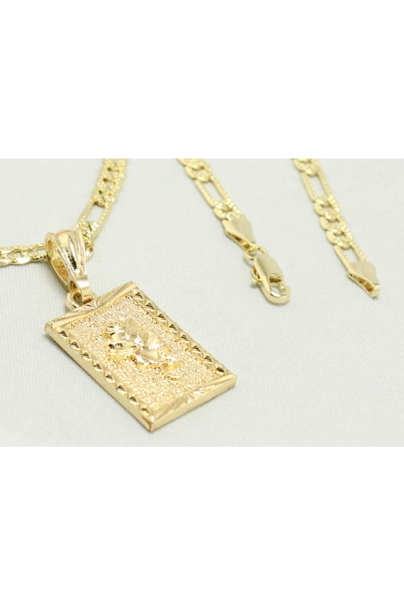 14k Bonded Gold Necklace with Square Rose Pendent, Best Christmas Unisex Gift for Women, Men Mother, Father, Girlfriend, Boyfriend, Her, Him, Figaro Chain with Charm by Artisan Jeweler
