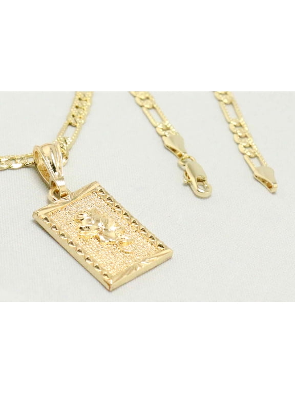 14k Bonded Gold Necklace with Square Rose Pendent, Best Christmas Unisex Gift for Women, Men Mother, Father, Girlfriend, Boyfriend, Her, Him, Figaro Chain with Charm by Artisan Jeweler