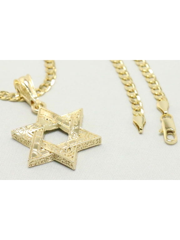 14k Bonded Gold Necklace with Star David Pendent, Best Christmas Unisex Gift for Women, Men Mother, Father, Girlfriend, Boyfriend, Her, Him, Cuban Chain with Charm by Artisan Jeweler