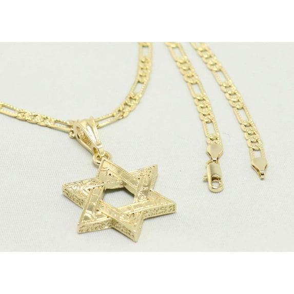 14k Bonded Gold Necklace with Star David Pendent, Best Christmas Unisex Gift for Women, Men Mother, Father, Girlfriend, Boyfriend, Her, Him, Figaro Chain with Charm by Artisan Jeweler