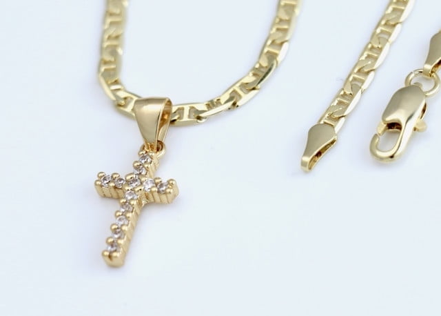 14k Bonded Gold Necklace with Tiny Bling Cross Pendent, Best Christmas Unisex Gift for Women, Men Mother, Father, Girlfriend, Boyfriend, Her, Him, Mariner Chain with Charm by Artisan Jeweler