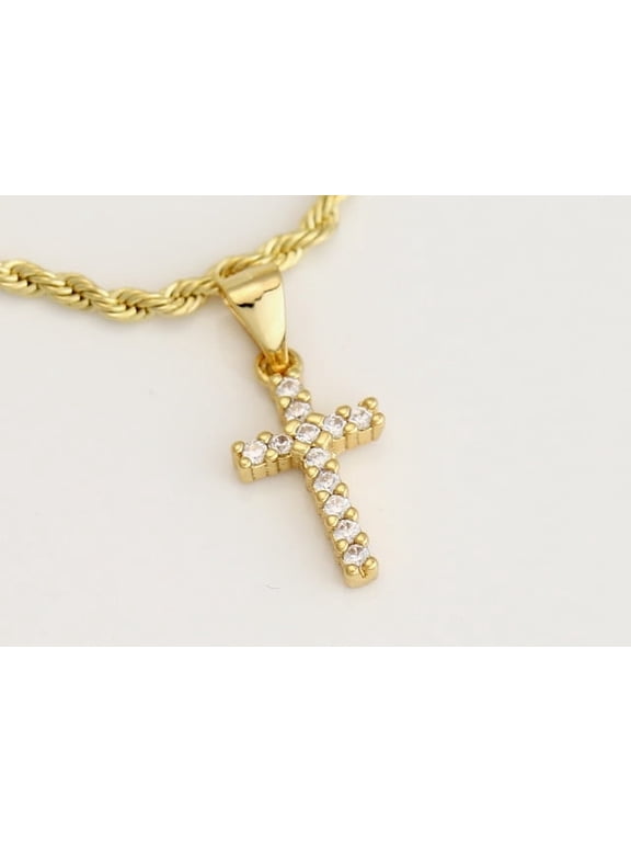 14k Bonded Gold Necklace with Tiny Bling Cross Pendent, Best Christmas Unisex Gift for Women, Men Mother, Father, Girlfriend, Boyfriend, Her, Him, Rope Chain with Charm by Artisan Jeweler