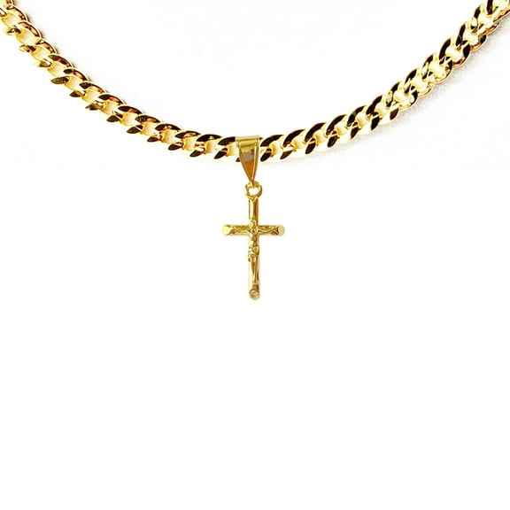 14k Bonded Gold Necklace with Tiny Curifix Cross Pendent, Best Christmas Unisex Gift for Women, Men Mother, Father, Girlfriend, Boyfriend, Her, Him, Cuban Chain with Charm by Artisan Jeweler
