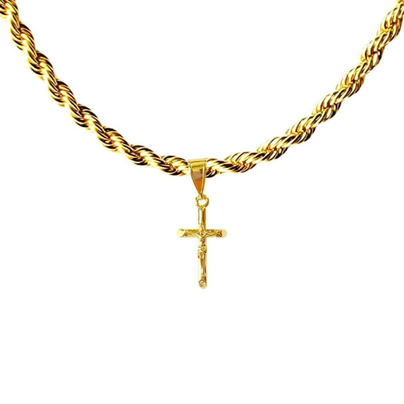 14k Bonded Gold Necklace with Tiny Curifix Cross Pendent, Best Christmas Unisex Gift for Women, Men Mother, Father, Girlfriend, Boyfriend, Her, Him, Rope Chain with Charm by Artisan Jeweler