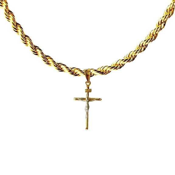 14k Bonded Gold Rope Chain with Crucifix Cross Pendant, Best Unisex Christmas Gift for Women, Men, Mother, Father, Girlfriend, Boyfriend, Her, Him, 14k Necklace with Charm, Best jewelry Gifts