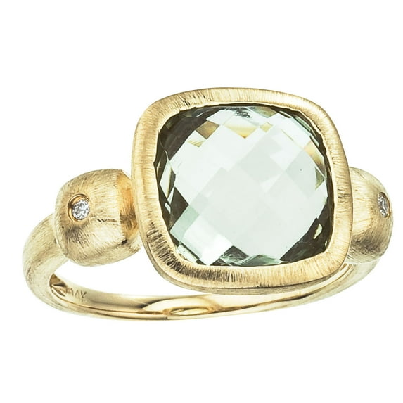 14k Brushed Yellow Gold Cushion Cut Green Amethyst and Diamond Ring
