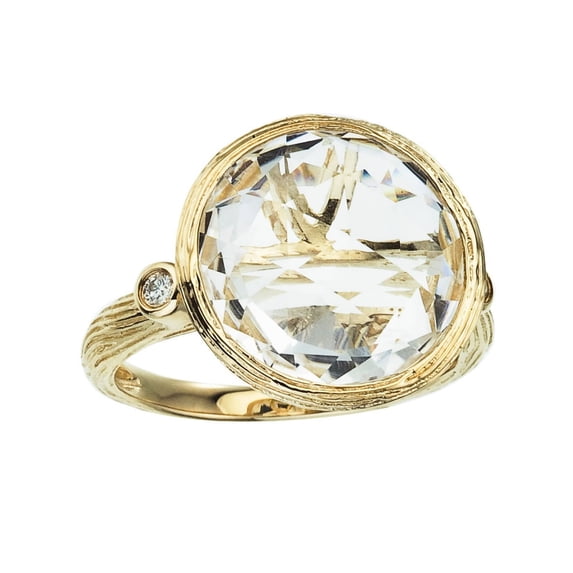 14k Brushed Yellow Gold Round White Topaz and Diamond Ring