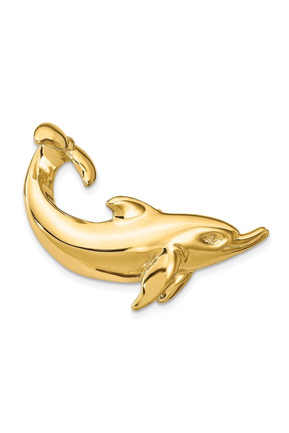 14k Yellow Gold Solid Polished Finish Dolphin with Tail Up Slide Design Pendant. Fits up to 8mm Omega