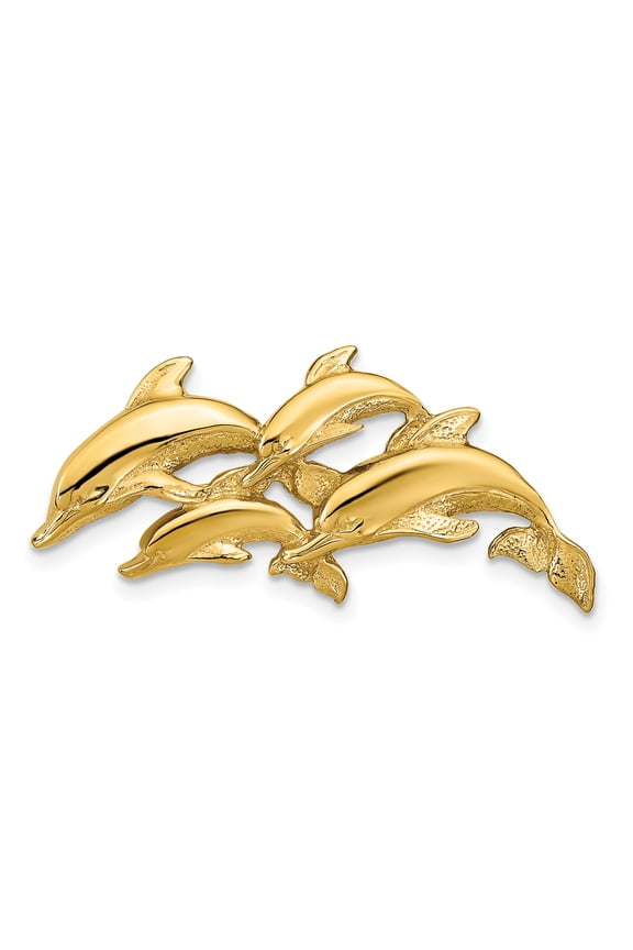 14k Yellow Golod Texture Polished Finish 4- Dolphins Swimming Design Slide Pendant. Fits up to 6mm Omega