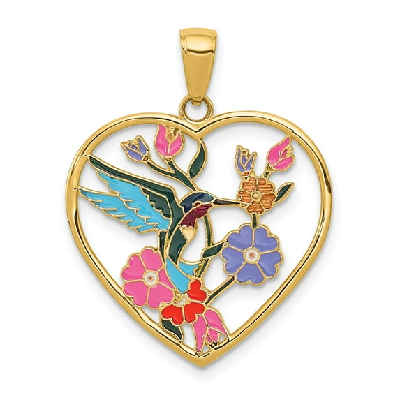 14k Enameled Hummingbird w/Flowers Heart Pendant in 14k Yellow Gold