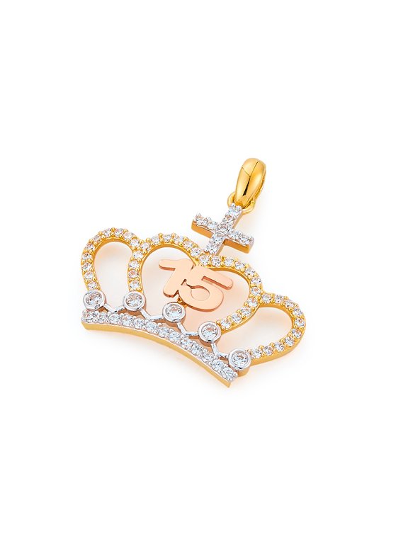 14k Genuine Tri Color Gold CZ Crown 15 Years Charm Pendant