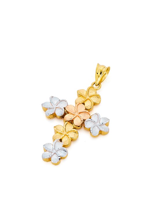 14k Genuine Tri Color Gold Hawaiian Flower Cross Charm Pendant
