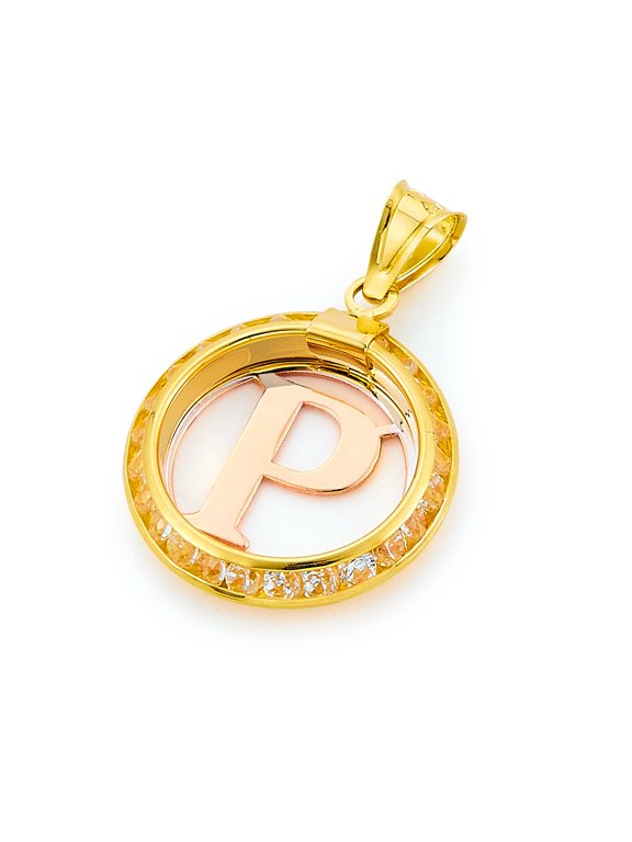 14k Genuine Two Tone Gold CZ Round Initial Charm Pendant P