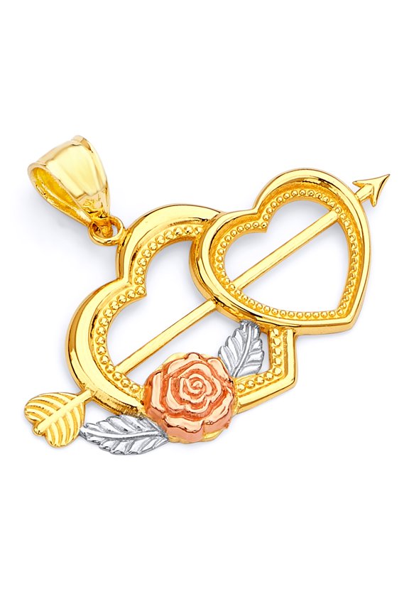 14k Genuine Two Tone Gold Cupid Arrow Double Heart Charm Pendant
