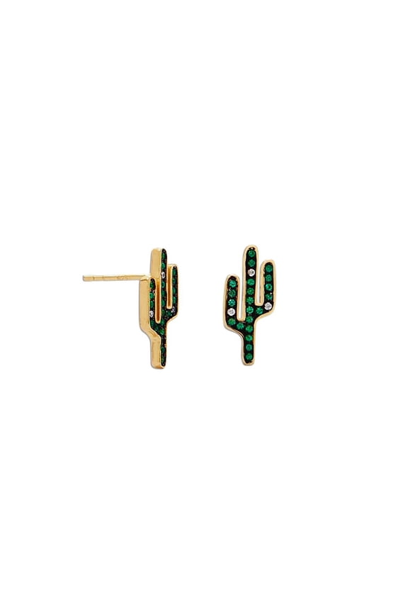 14k Gld Plated 925 Sterling Silver CZ Saguaro Cactus Stud Earrings Studs 1mm Green CZs Three 1mm White Stud Earring for