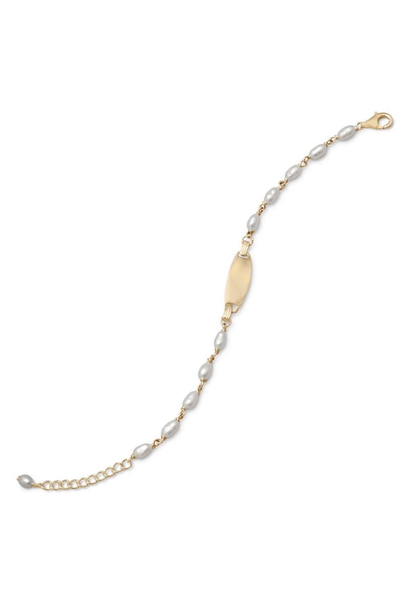 14k Gld Plated 925 Sterling Silver Cultured Freshwater Pearl ID Bracelet 1 Inch Extention 3mm White Ric Identification B