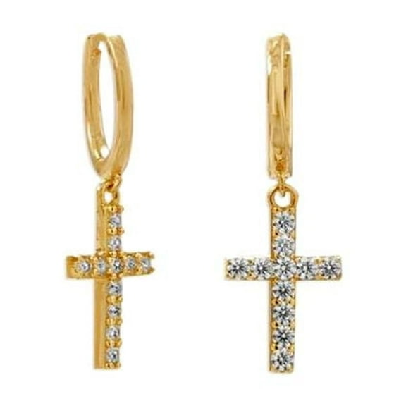 14k Gld Plated 925 Sterling Silver Hoop Earrings With CZ Religious Faith Cross 2mm CZs CZ Drops Hoops 11.4mm in Diamete