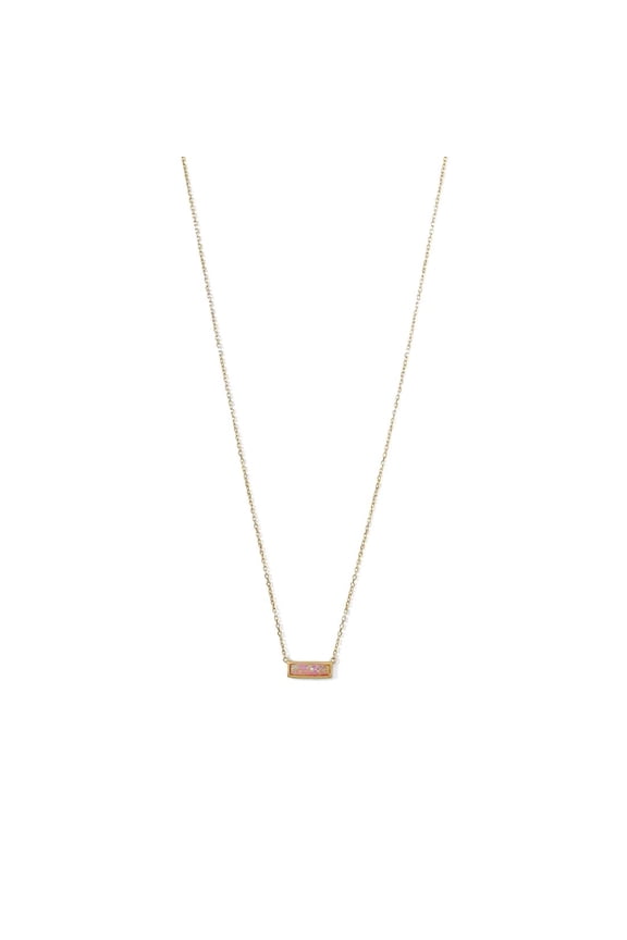 14k Gld Plated 925 Sterling Silver Mini Simulated Pink-Opal Bar Necklace 16+2 Inch Extention Cable Chai Pendant Necklace
