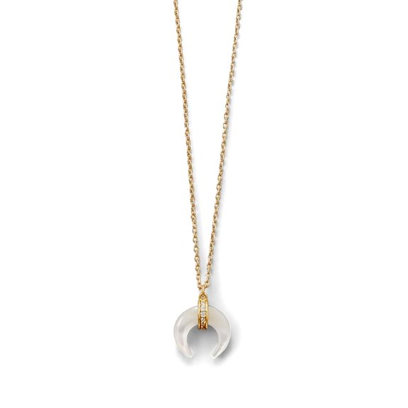 14k Gld Plated 925 Sterling Silver Mother of Pearl and CZ Crescent Gld Plated Necklace 15+1+1 Inch Spr Pendant Necklace