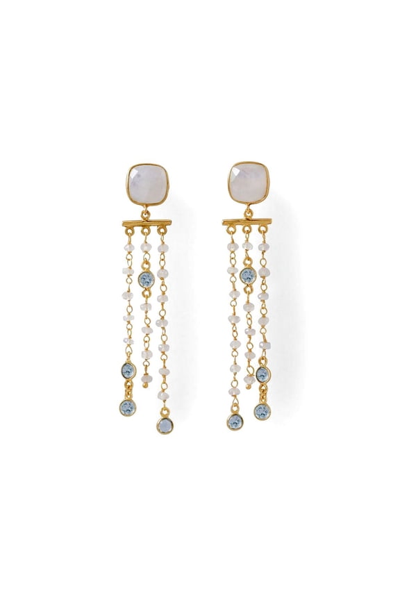 14k Gld Plated 925 Sterling Silver Rainbow Celestial Moonstone Post Earrings Chandelier Style Full Hanging Length Stud E