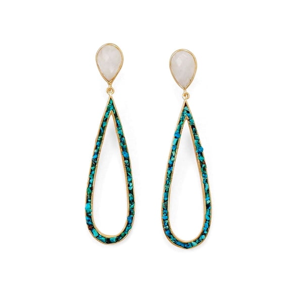 14k Gld Plated 925 Sterling Silver Rainbow Celestial Moonstone and Turquoise Chip Post Earrings Edge of Large Pea Stud E